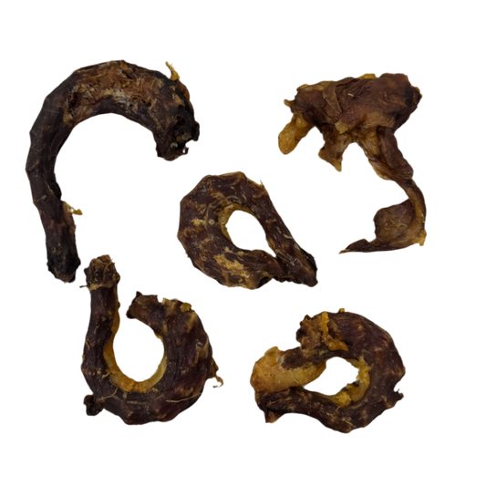Dried Chicken necks, no added sugar, salt or preservative dog treat. Great to chew